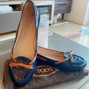 Tods Navy Blue Patent Leather Flats